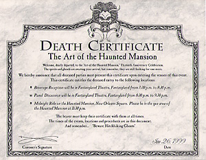 Haunted Mansion Death Certificate from Disneyland's Art of the Haunted Mansion, 1999.