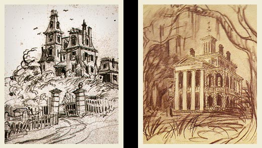 Haunted Mansion concept sketches by Harper Goff (left) and Ken Anderson (right)